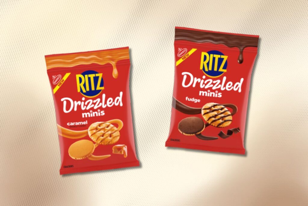 Bags of Ritz Drizzled Mini Crackers in Caramel and Fudge flavors over light brown gradient background