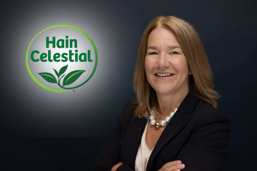 Hain Celestial logo next to image of Alice Lewis, president and CEO over dark background