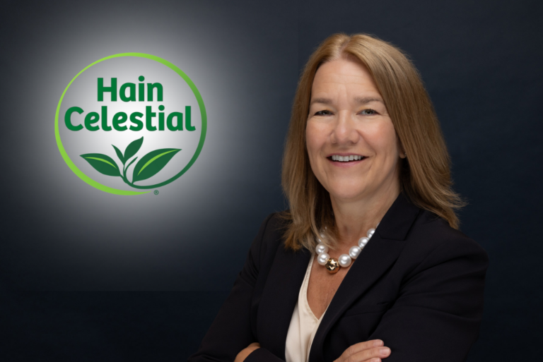Hain Celestial logo next to image of Alison Lewis, president and CEO over dark background
