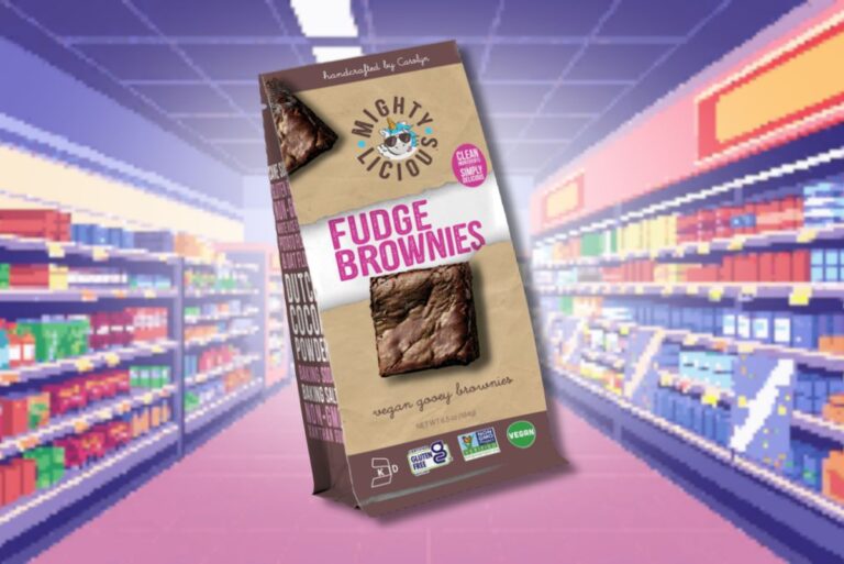 Mightylicious' new Vegan Gooey Fudge Brownies on graphic of supermarket shelves