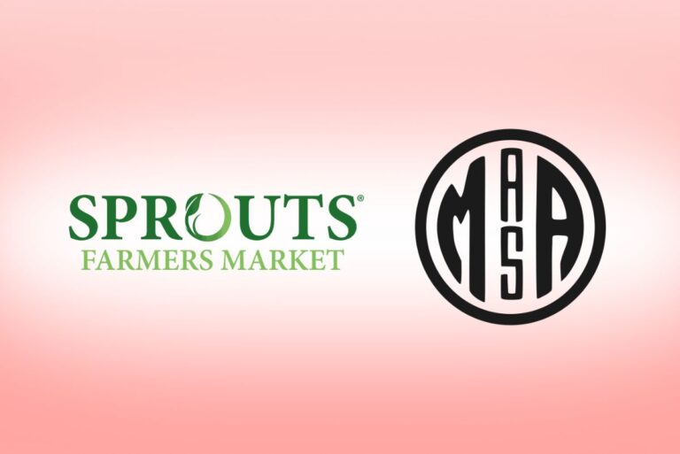 Sprouts Farmers Market and MASA logo on light pink background