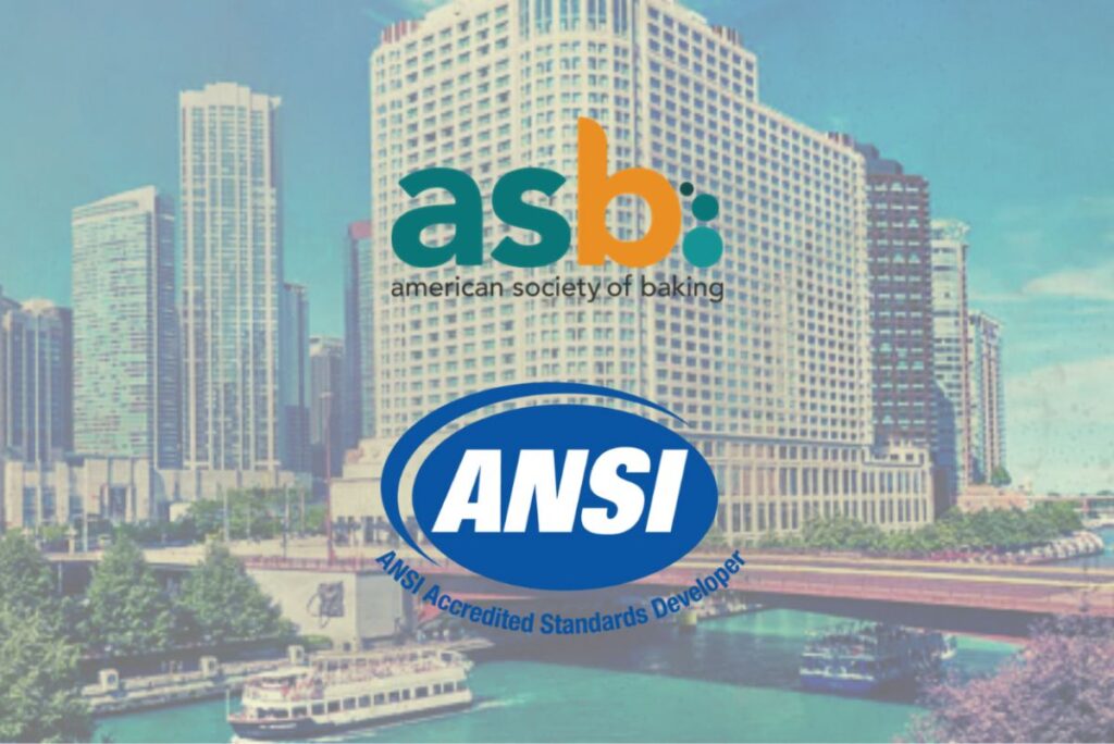American Society of Baking and American National Standards Institute logos with Sheraton Grand Chicago Riverwalk in background