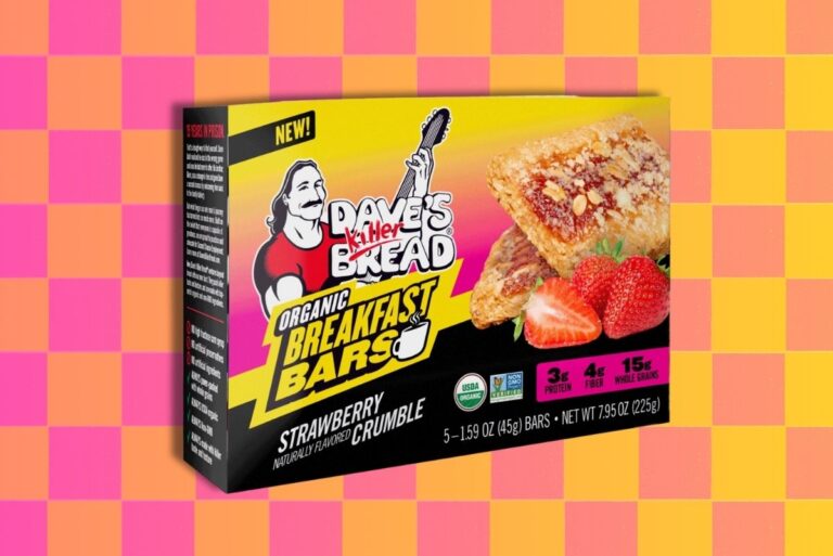 Dave's Killer Bread strawberry breakfast bars on yellow and pink checkered background