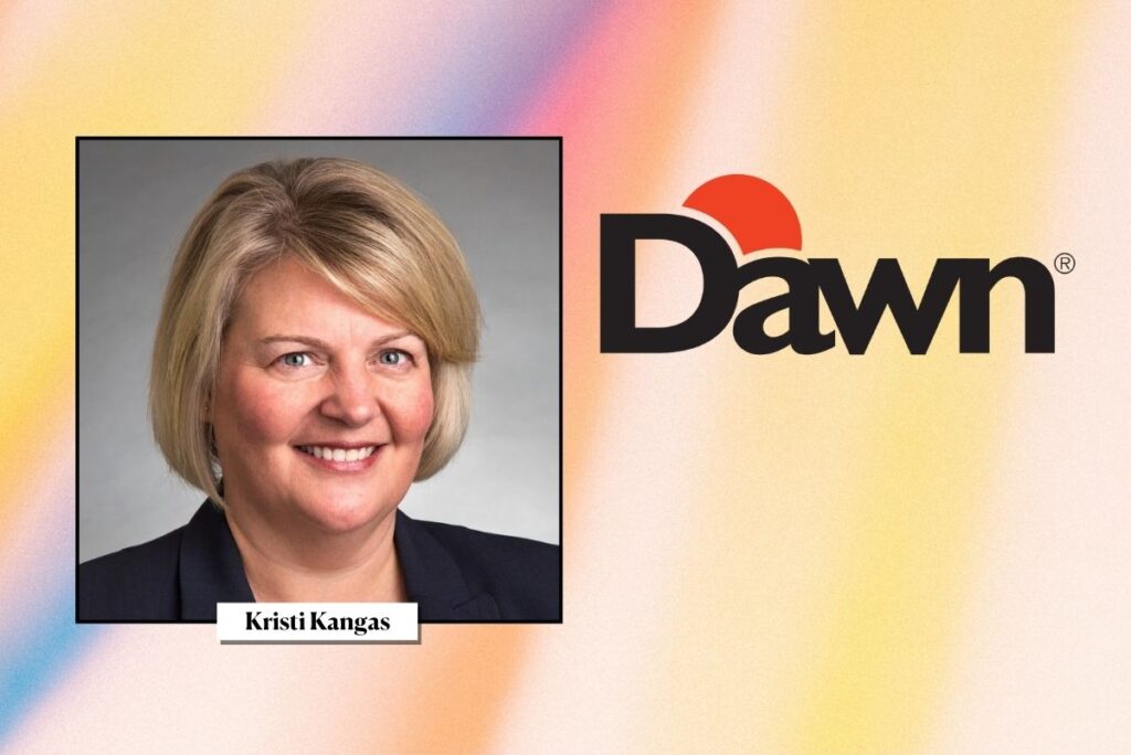 Dawn Foods' new senior VP Kristi Kangas on background with logo