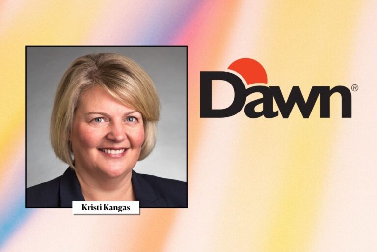 Dawn Foods' new senior VP Kristi Kangas on background with logo