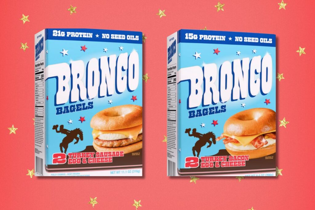 Bronco Bagels' two high-protein breakfast sandwiches on background