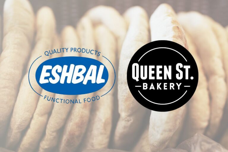 Eshbal Functional Food and Queen St Bakery logos with pita bread background