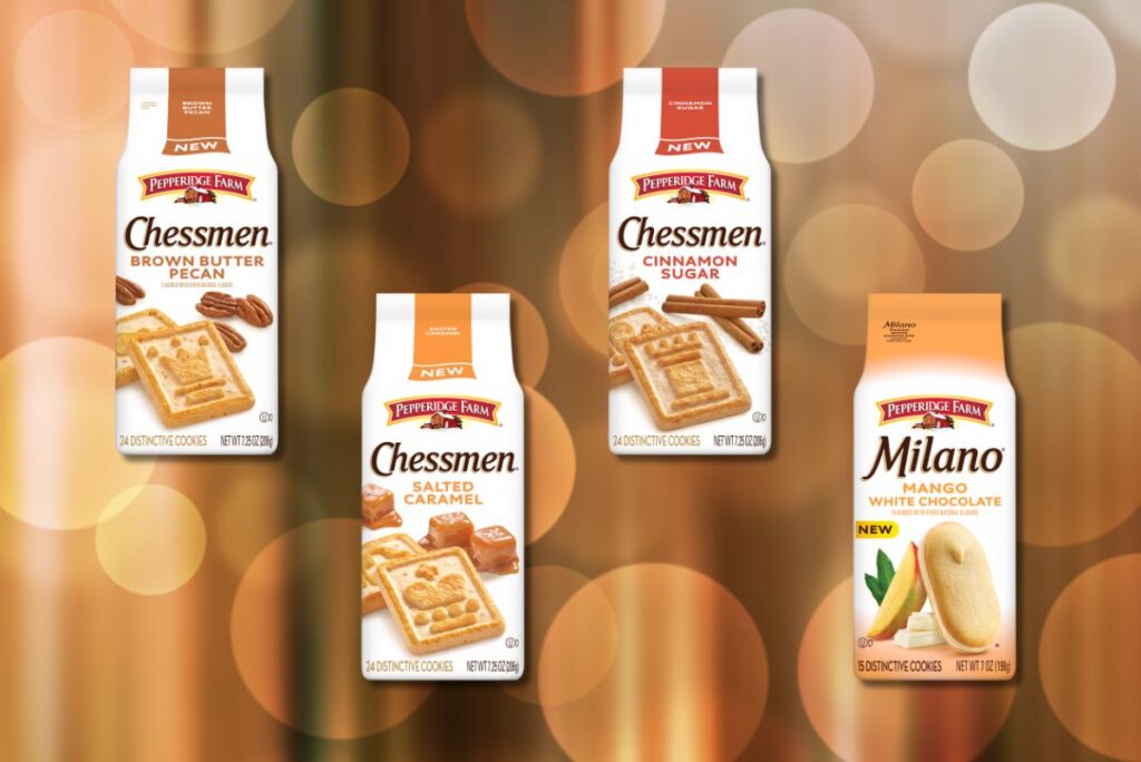 new Pepperidge Farm Chessmen and Milano White Chocolate varieties on light brown background