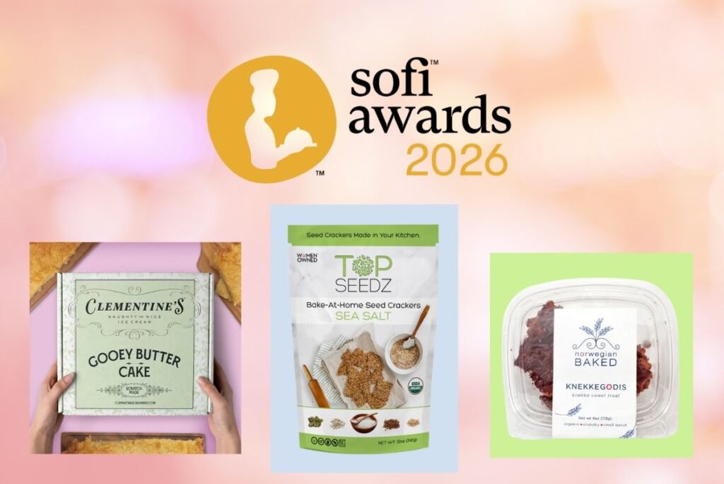 sofi Awards 2026 logo and Clementine's Ice Cream, Top Seedz and Norwegian Baked products on light orange hazy background