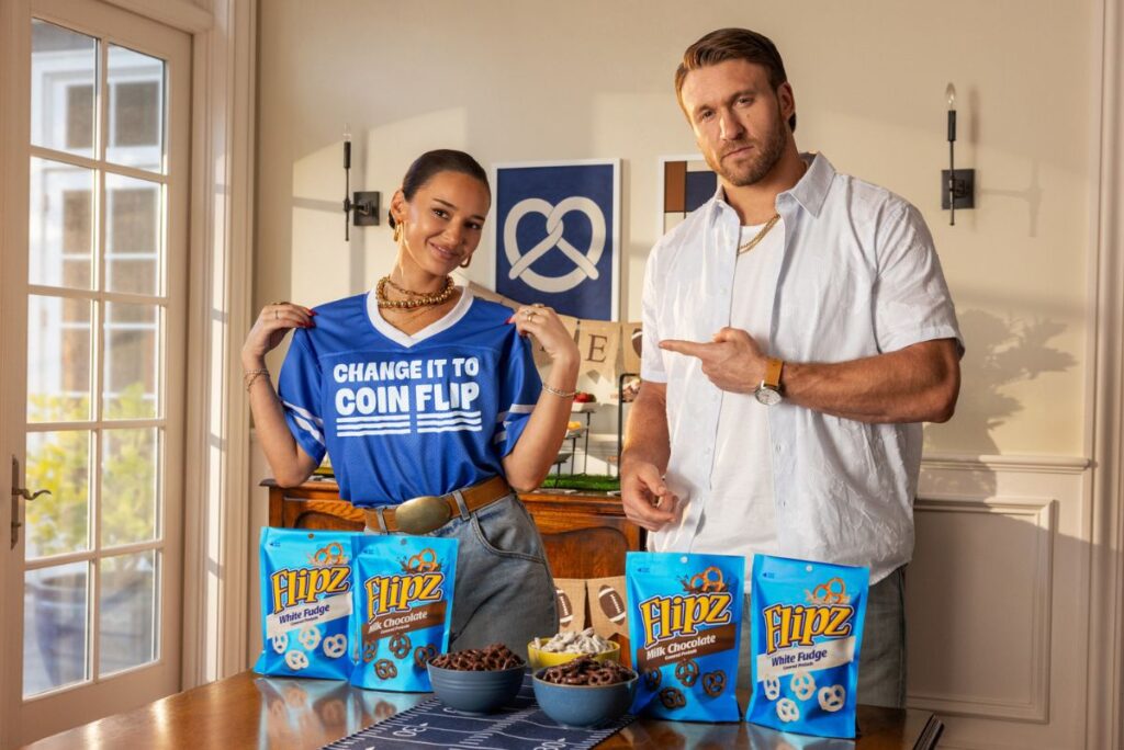 Kyle and Kristin Juszczyk with Flipz pretzels