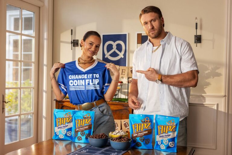 Kyle and Kristin Juszczyk with Flipz pretzels