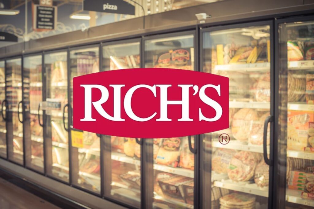 Rich Products' logo over frozen pizza aisle background