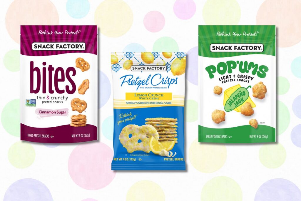 Packages of Snack Factory's Cinnamon Sugar Bites, Jalapeño Jack Pop’ums and Lemon Crunch White Creme Pretzel Crisps