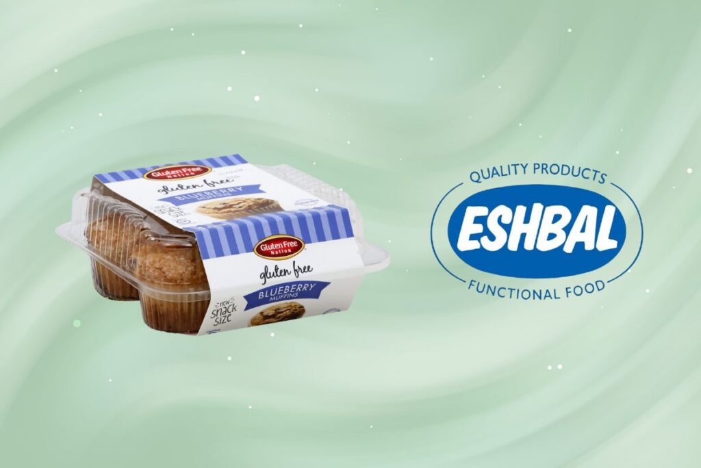 Clam shell case of Gluten Free Nation muffins next to Eshbal logo on light green background