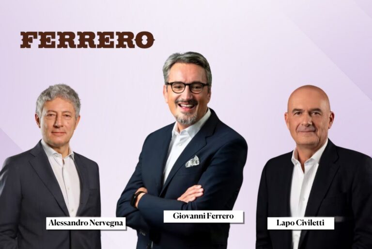 Headshots of Giovanni Ferrero, Alessandro Nervegna, and Lapo Civiletti with Ferrero logo