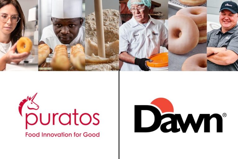 Puratos and Dawn Foods logos on white background with images of bakers and baked goods