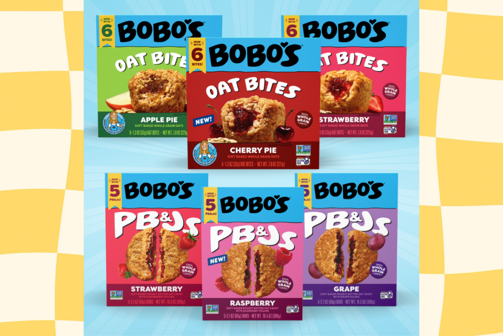 Boxes of Bobo's Oat Bites and PB&Js with new packaging design, sizes and flavors on display