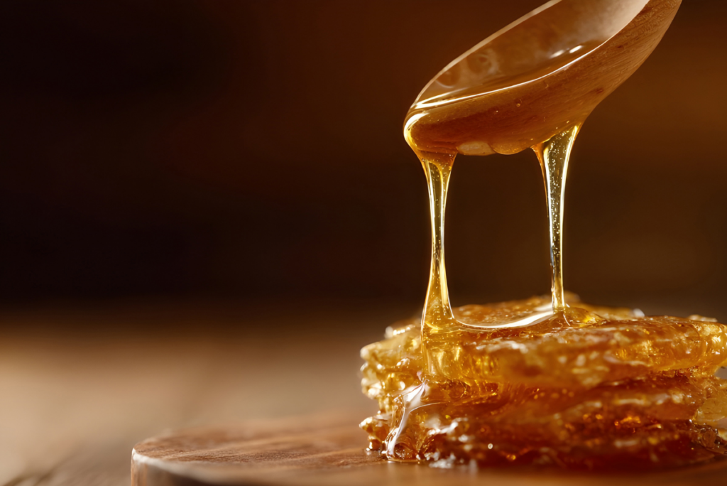 Spoon dripping syrup onto counter