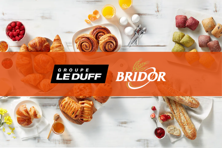 Assorted baked goods background with Le Duff Group and Bridor logos