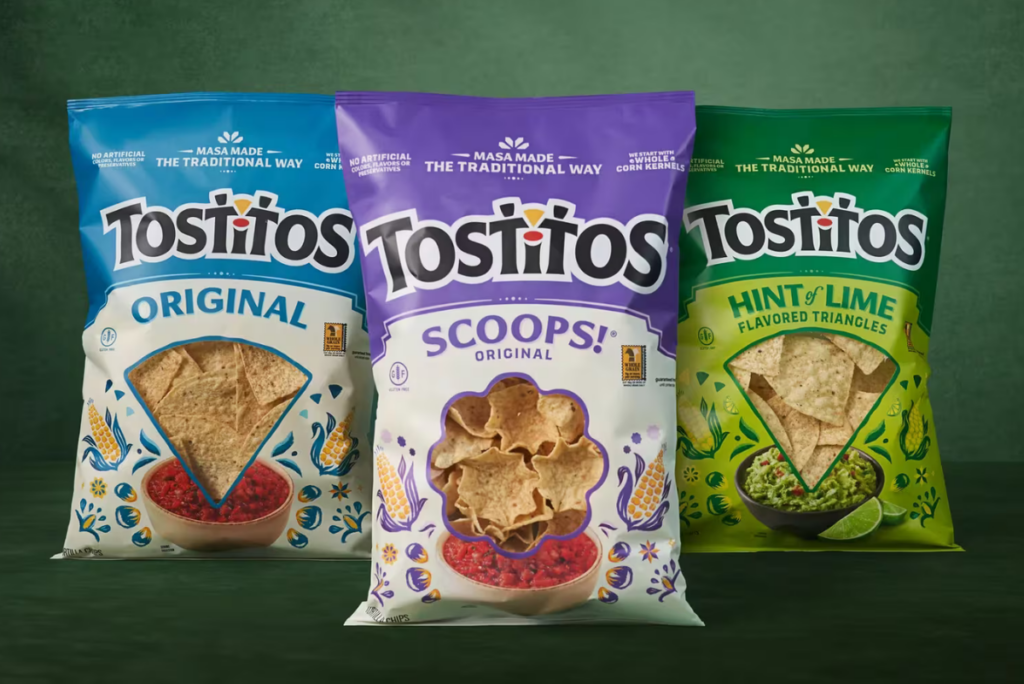 Tostitos products with revamped packaging on dark green background