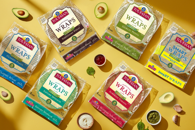 Toufayan Bakeries line of seed oil-free wraps on yellow background