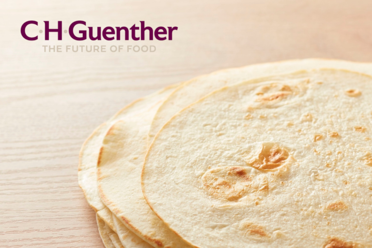 C.H. Guenther logo and image of tortillas on light wood background