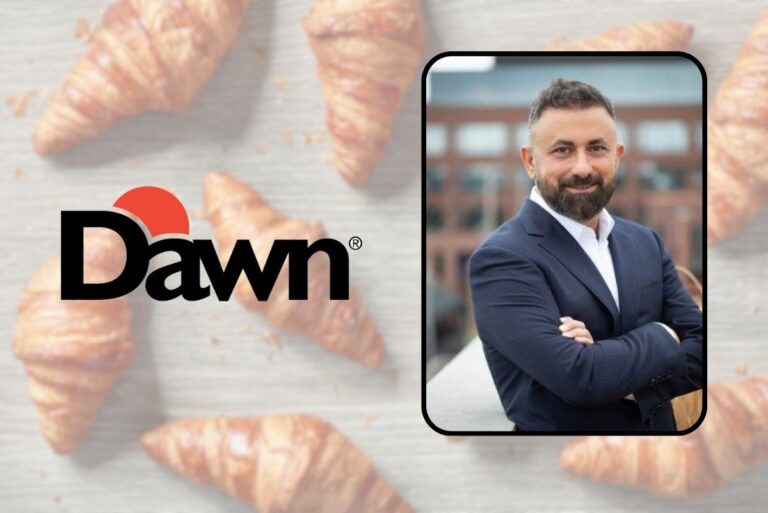Dawn Foods' logo and headshot of Ahmet Hepdogan with baking industry themed background