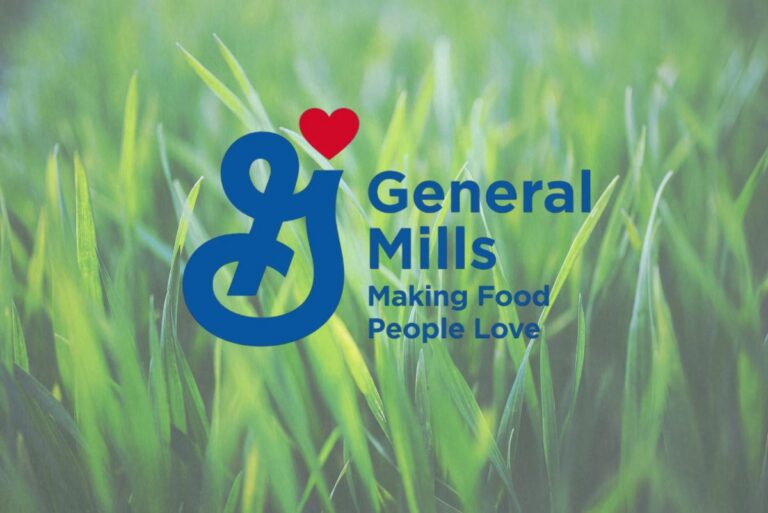 General Mills logo with sustainability and global responsibility themed background