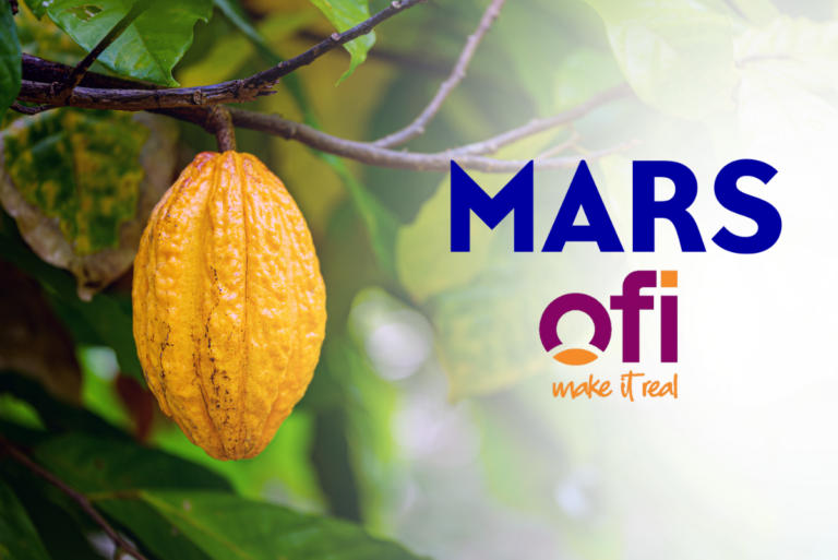 Mars and ofi logos next to image of cocoa plant