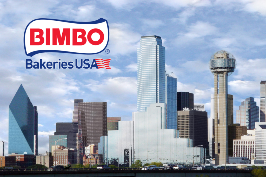Bimbo Bakeries USA logo over skyline of Dallas