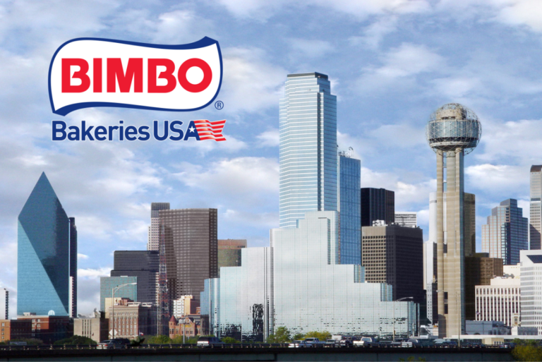 Bimbo Bakeries USA logo over skyline of Dallas