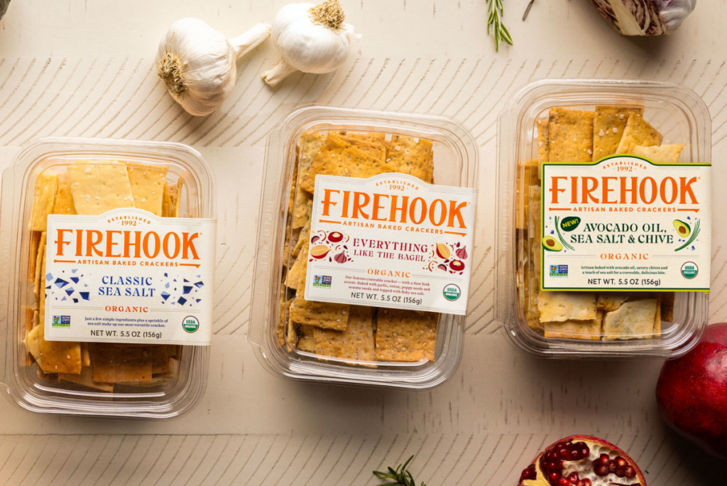 Firehook Crackers packages in Classic Sea Salt, Everything and Avocado Oil, Sea Salt & Chive flavors