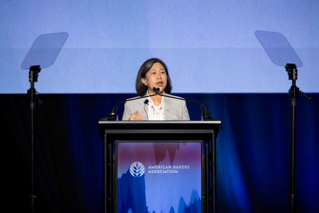 Katherine Tai presenting on navigating the 2026 trade landscape at the American Bakers Association's annual convention
