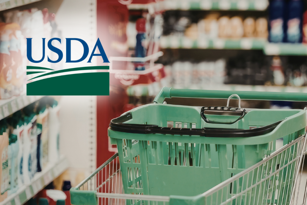 USDA logo over image of shopping cart in grocery aisle