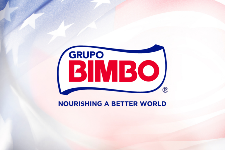 Grupo Bimbo logo over US flag-inspired background