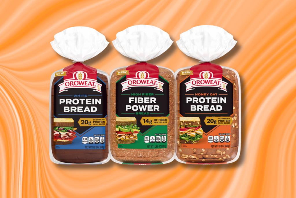 Oroweat Fiber Power and Protein Bread loaves over orange backgrounds