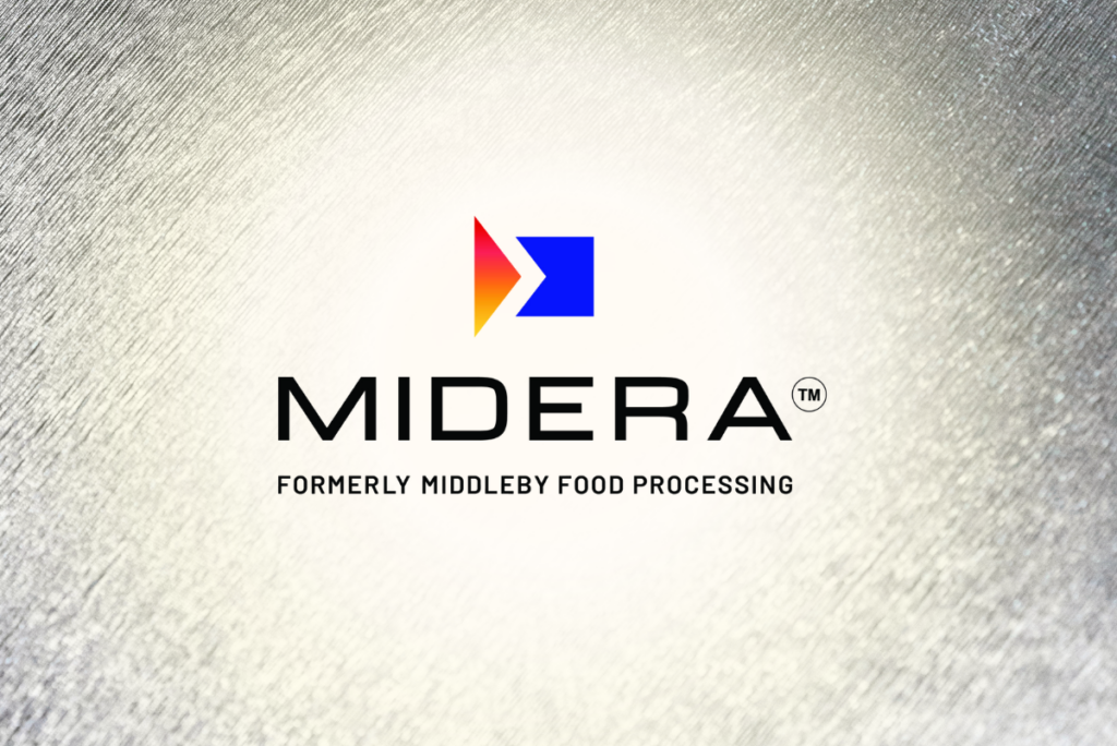 Midery formerly Middleby Food Processing logo over silver metal background
