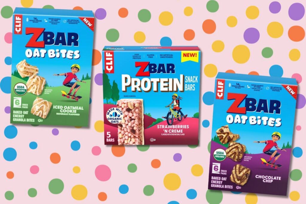 Clif's Zbar brand's new oat bites and bar flavor on background
