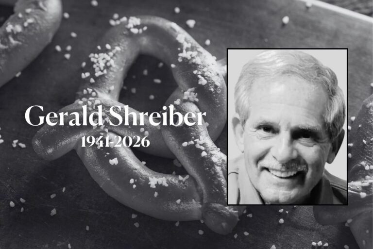 Gerald Shreiber headshot with pretzel background