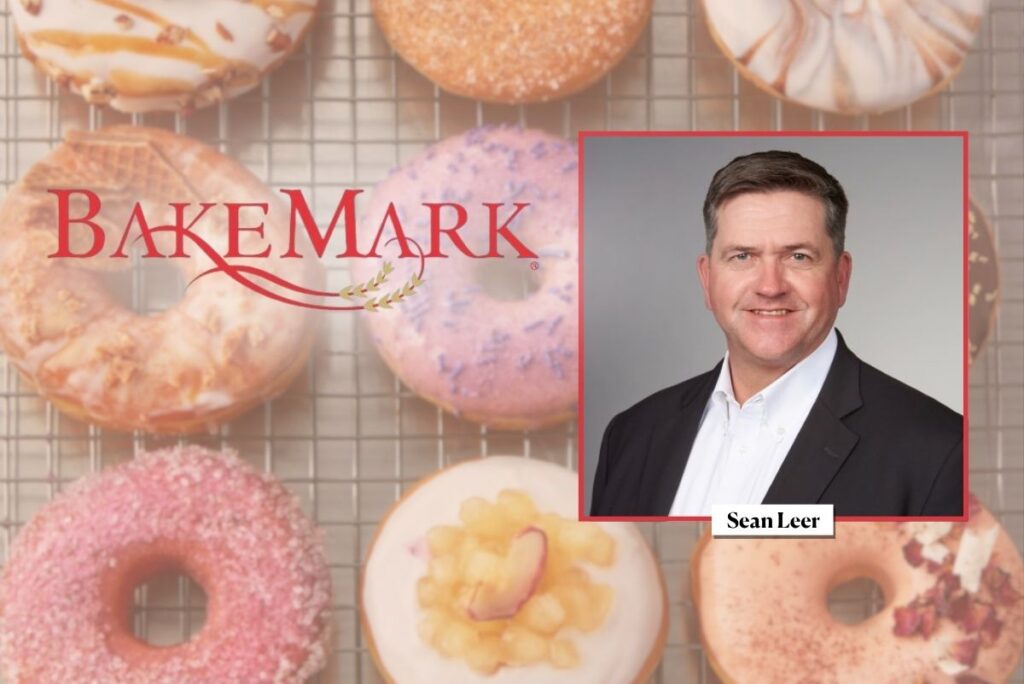 BakeMark's new CEO Sean Leer with BakeMark logo and background