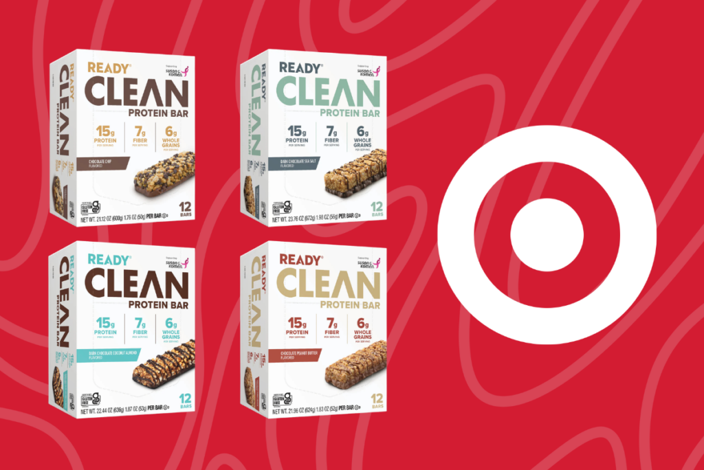 Ready protein bar boxes and Target logo over red background
