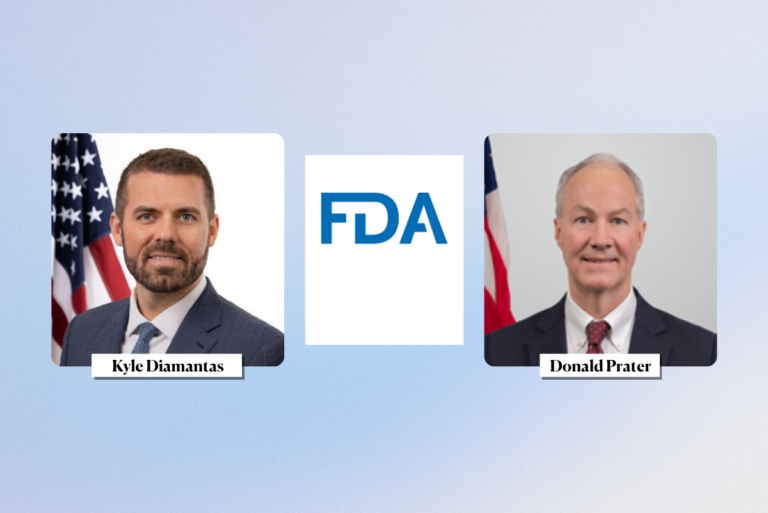Kyle Diamantas and Donald Prater images with FDA logo in between on blue background