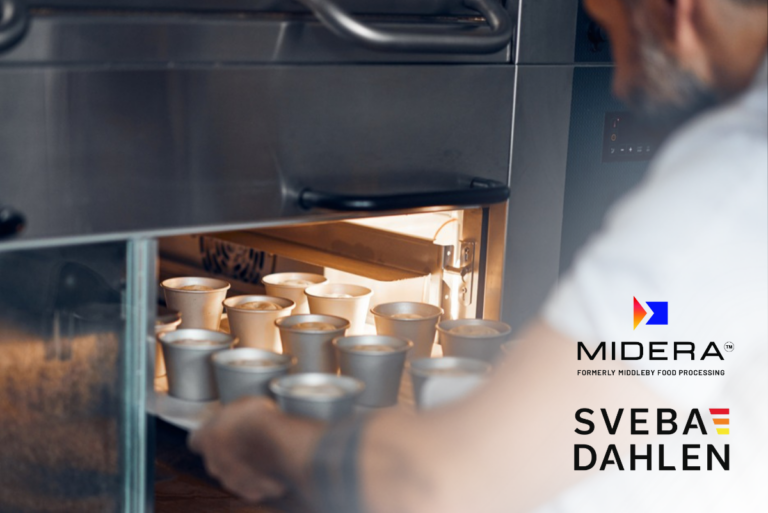 Midera Food Processing and Sveba Dahlen logos in bottom right corner over image of baker putting tray in industrial oven