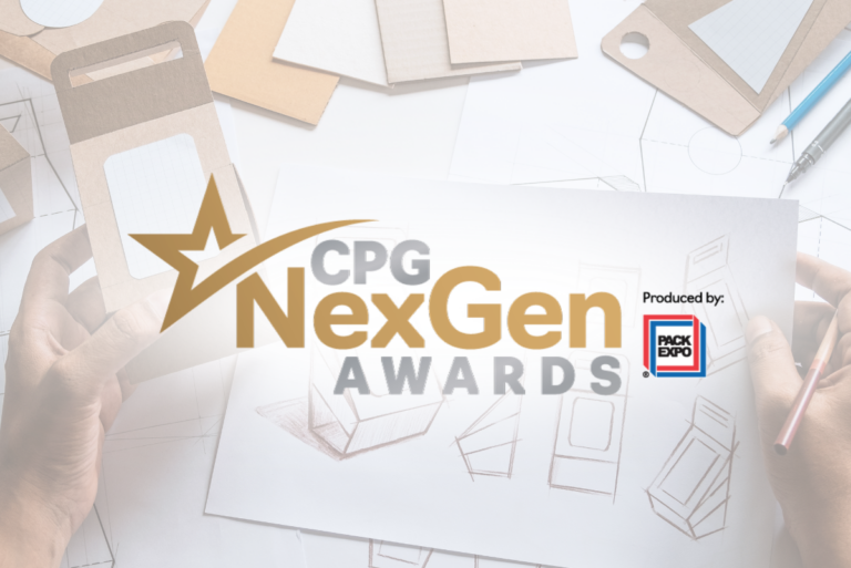 CPG NexGen Awards logo over transparent image of packaging designs