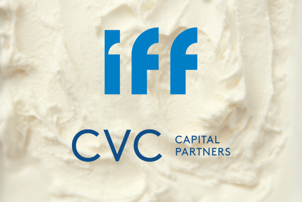 IFF and CVC Capital Partners logos over image of white buttercream frosting
