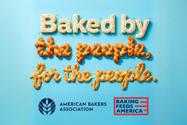 "Baked by the people, for the people" in baked goods with American Bakers Association and Baking Feeds America campaign logos
