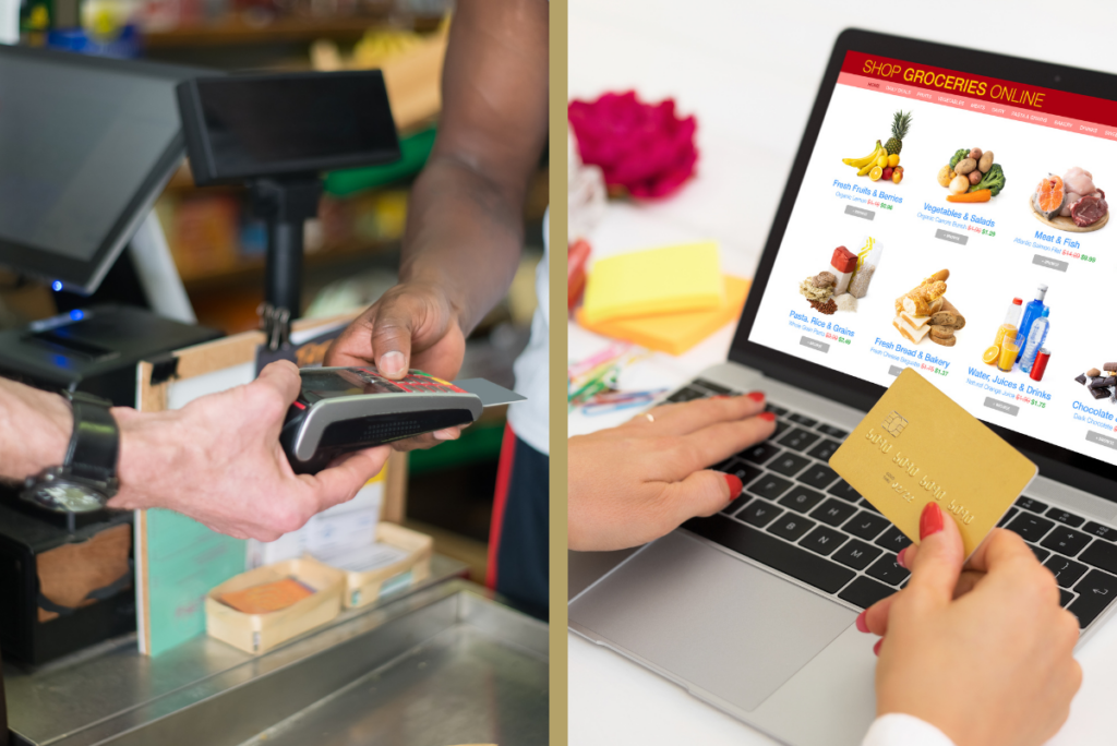 two images showing people checking out at grocery store in person and another person purchasing groceries on a laptop