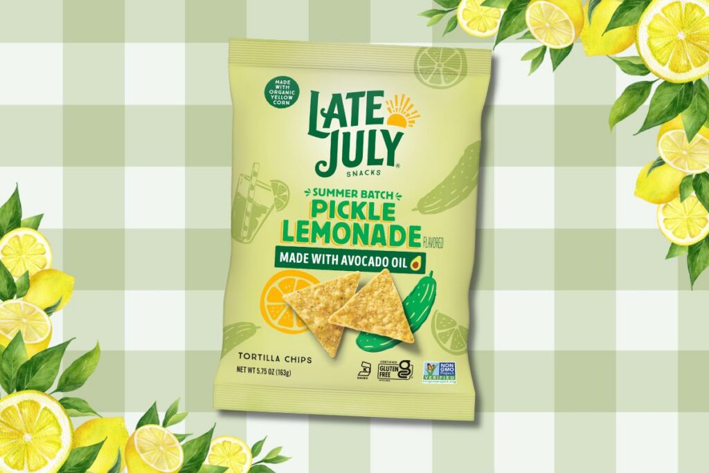 Late July's summer SKU, a tangy, briny and trendy chip on a background