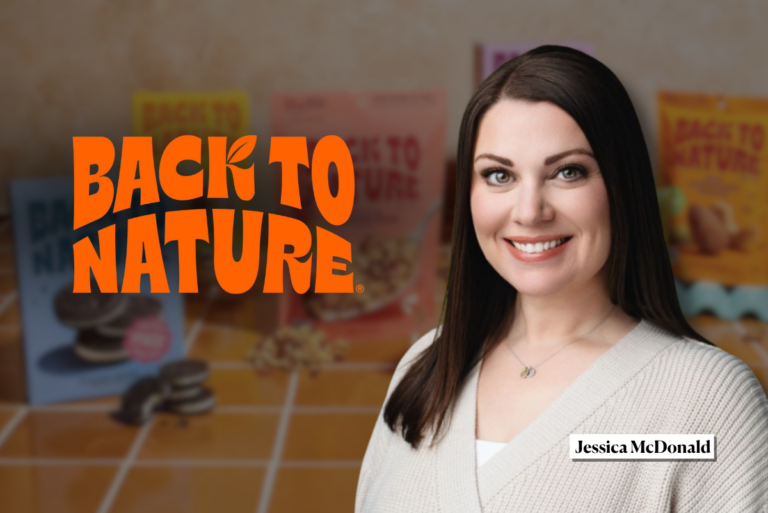 Back to Nature logo next to headshot of Jessica McDonald over dark, blurred Back to Nature products