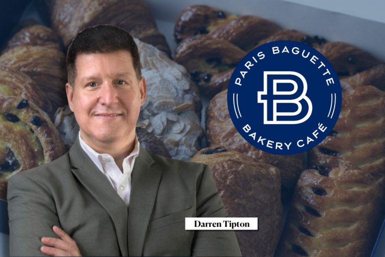 Darren Tipton headshot with Paris Baguette logo to the right with dark baked goods background